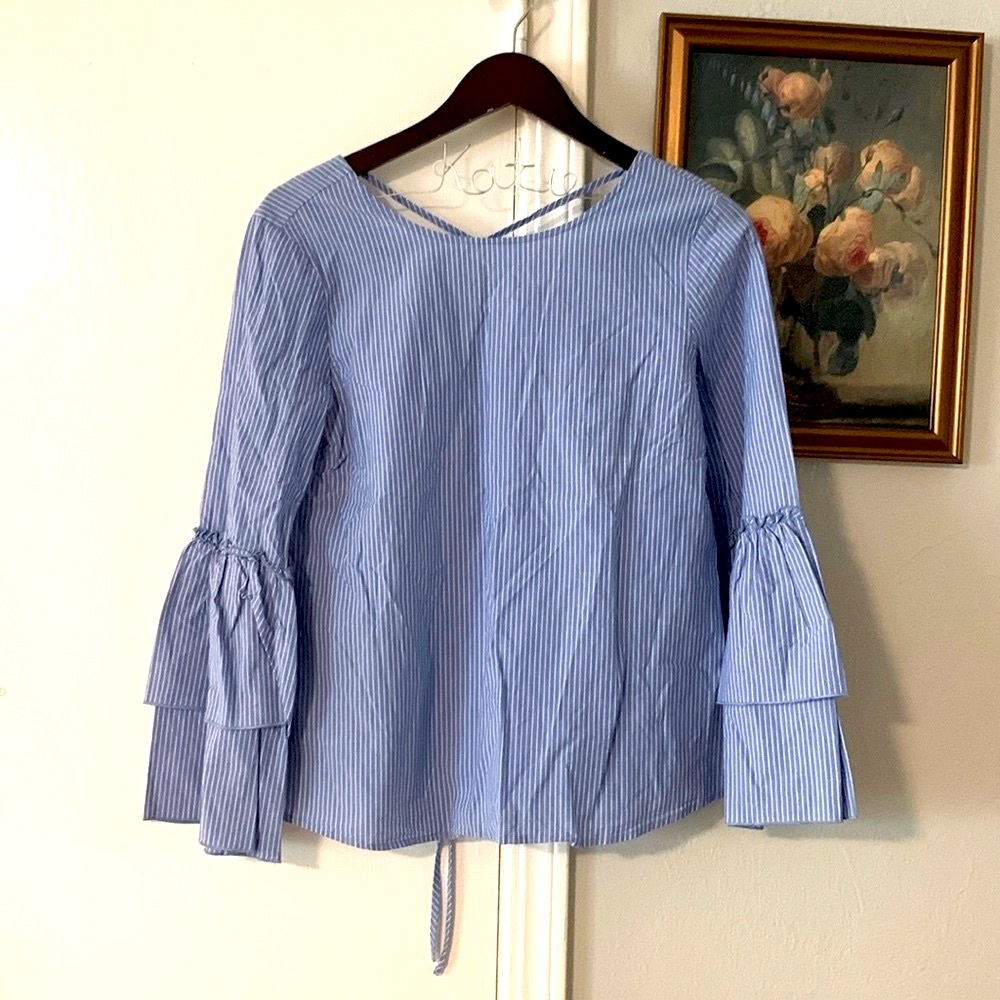 LOFT: Blue & White Bell-Sleeved Blouse